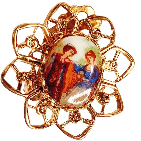 VTG Mid Century Gold Tone Filigree Clip On Earrings Transfer Art Print Glass 60s - Picture 3 of 11